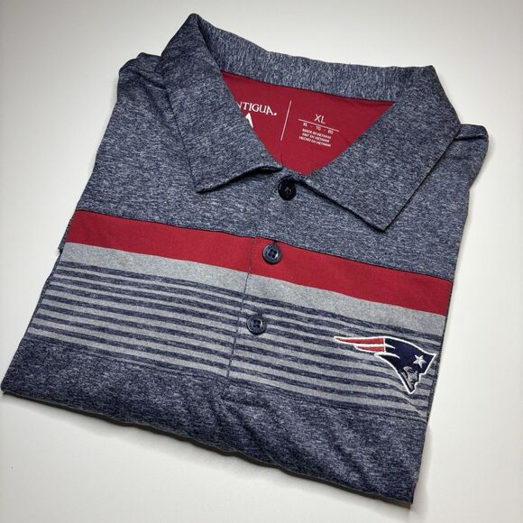 New England Patriots Antigua Logo Polo Shirt Men XL Gray Red Stripe Performance - Picture 2 of 8